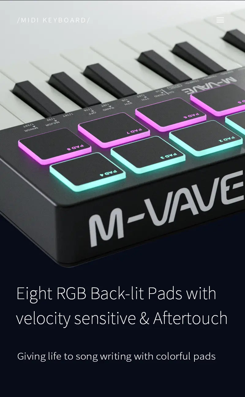 M-VAVE MIDI Pad Controller Keyboard USB 25 Key Mini RGB Drum Pads 8 Knobs and Music Production Software Assignable Knobs