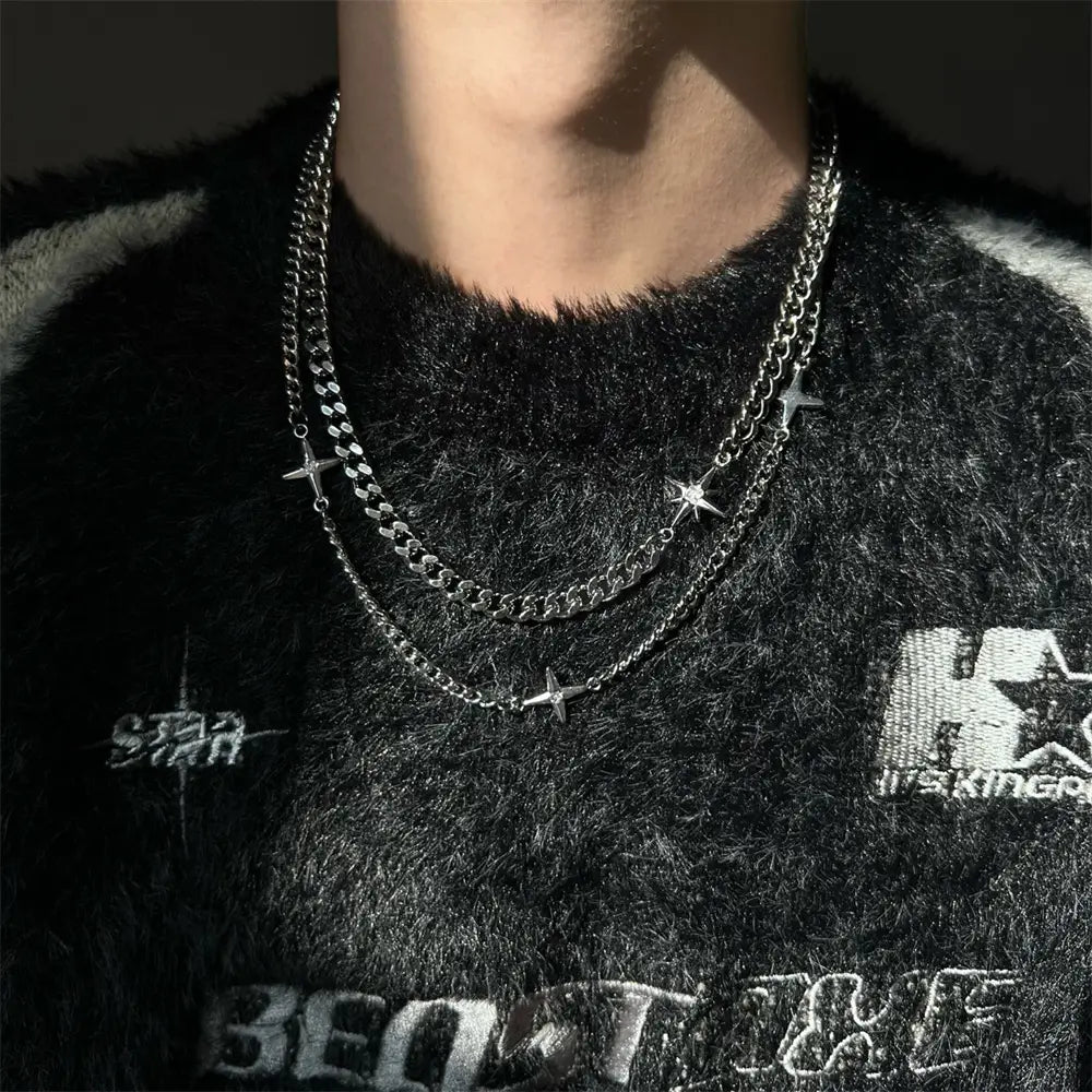 Hip Hop Double-layer Star Cross Necklace For Man Woman Titanium Steel Clavicle Chain Choker Punk Male Accessories Wholesale