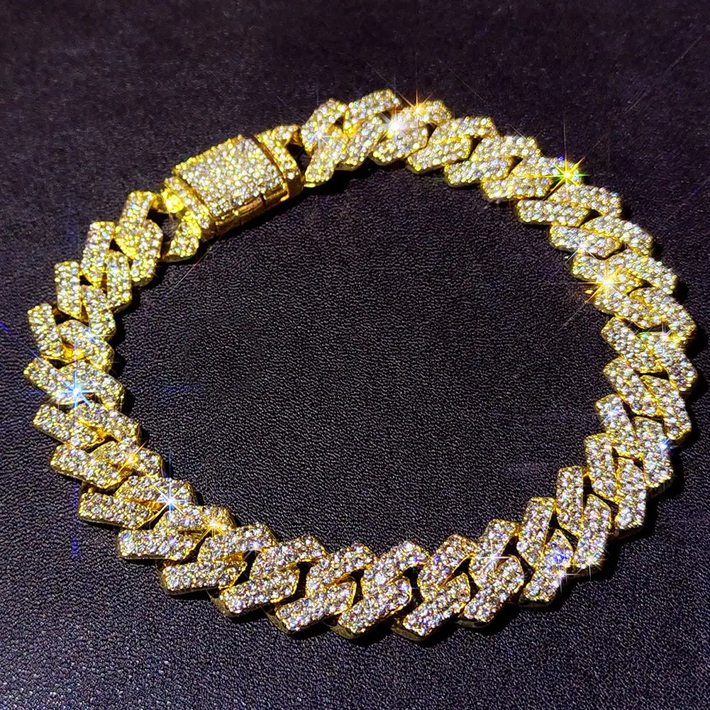 Hip Hop 14MM Prong Cuban Link Chain Necklace & Bracelet Iced Out Bling Cuban Chain Rhinestone Chains For Men Punk Rapper Jewelry