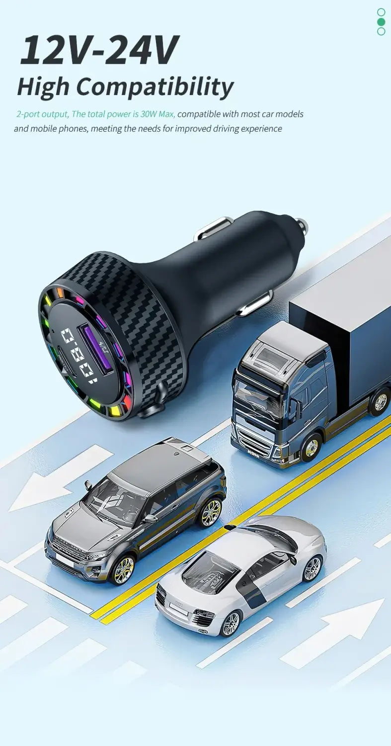 Car Bluetooth 5.3 FM Transmitter Wireless Audio Receiver Car MP3 Player 30W PD Fast Charge With Apple Type-C Port Charging Cable