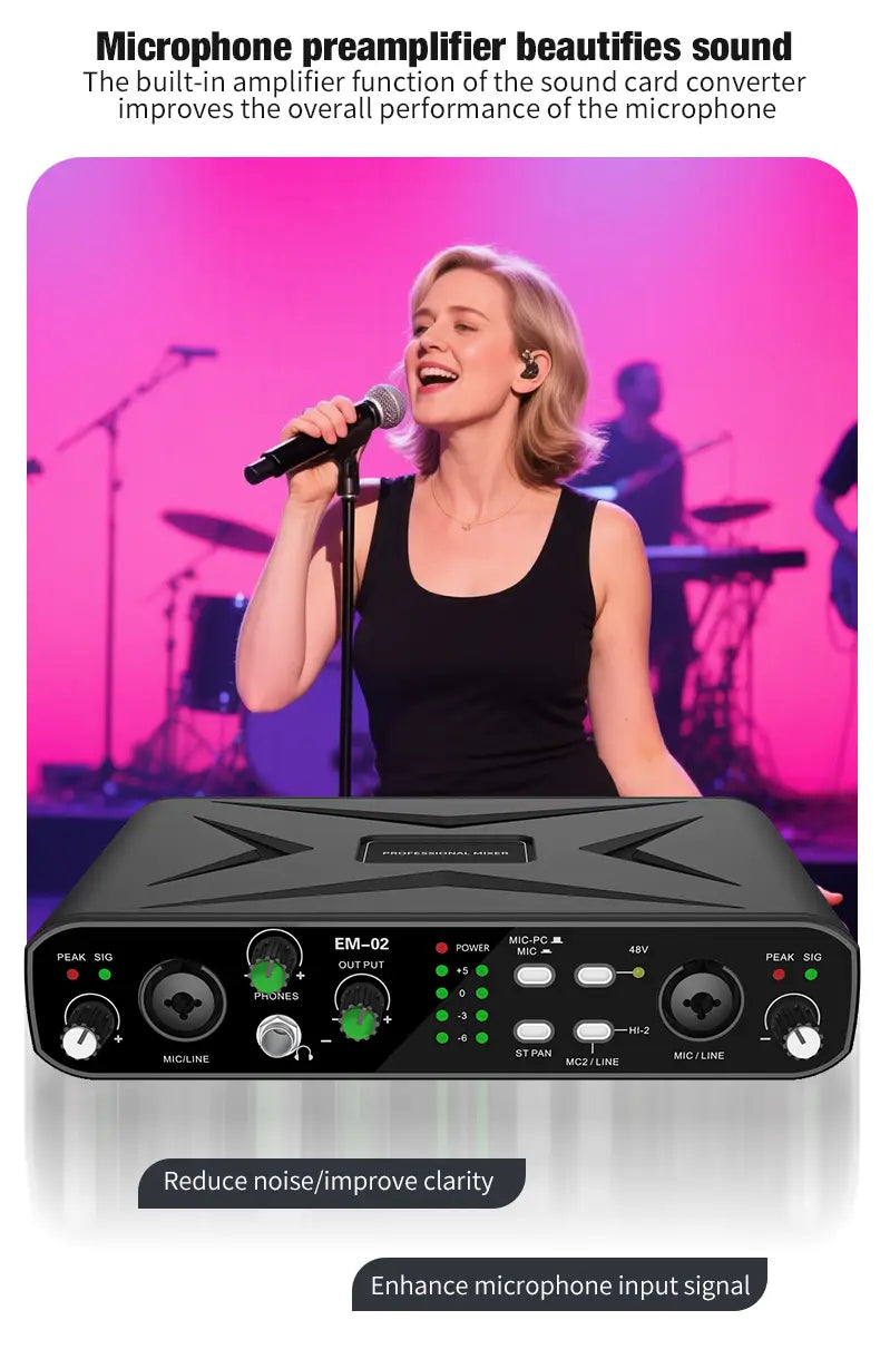 Sound Card Audio Mixer USB Audio Interface With Mic Preamplifier XLR/TSR/TS Ports 48V For Computer Recording Stream&Live Stream