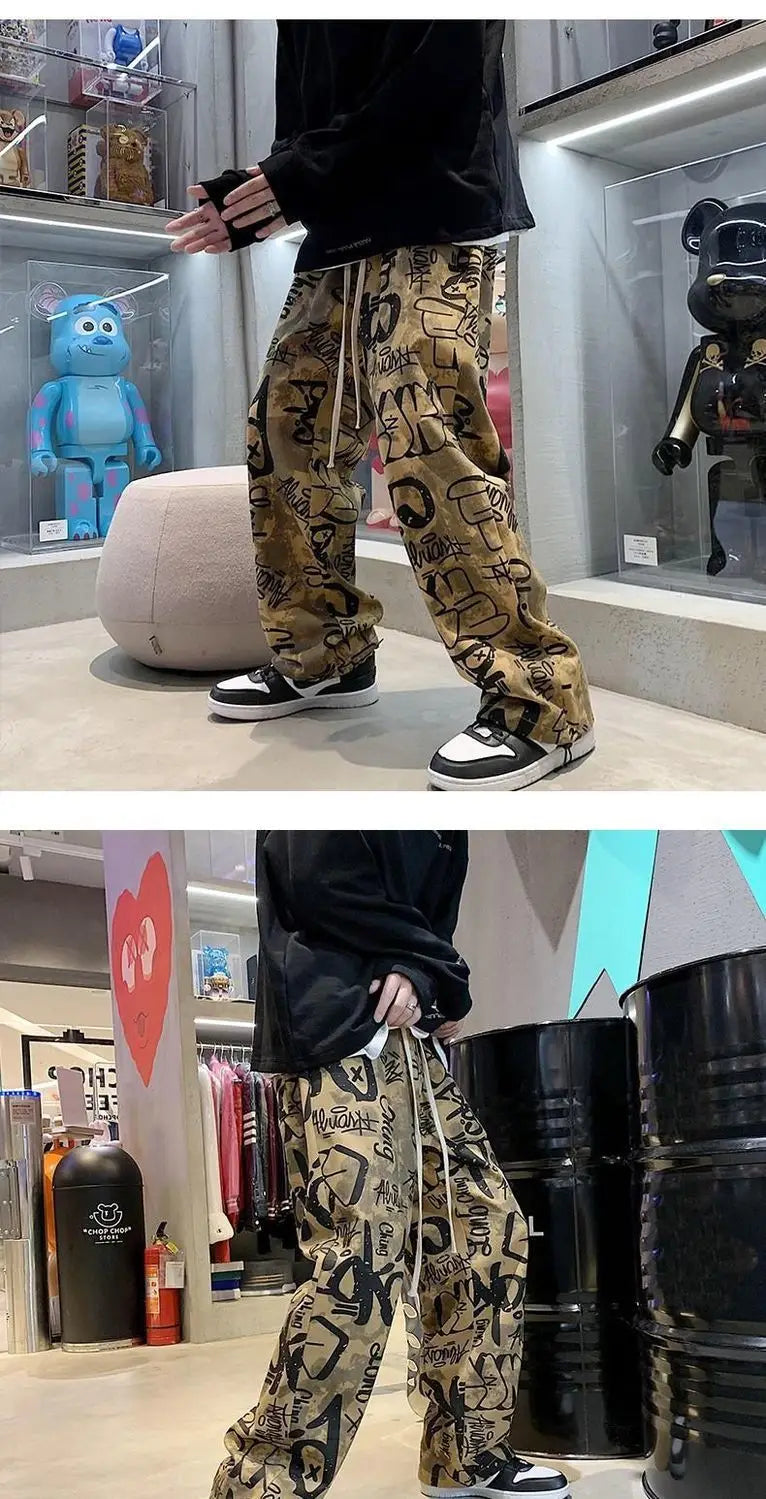 High Street Graffiti Tie-dye Pants Men Casual Loose Oversized Hip-hop Trousers Man American Straight Wide-leg Pants