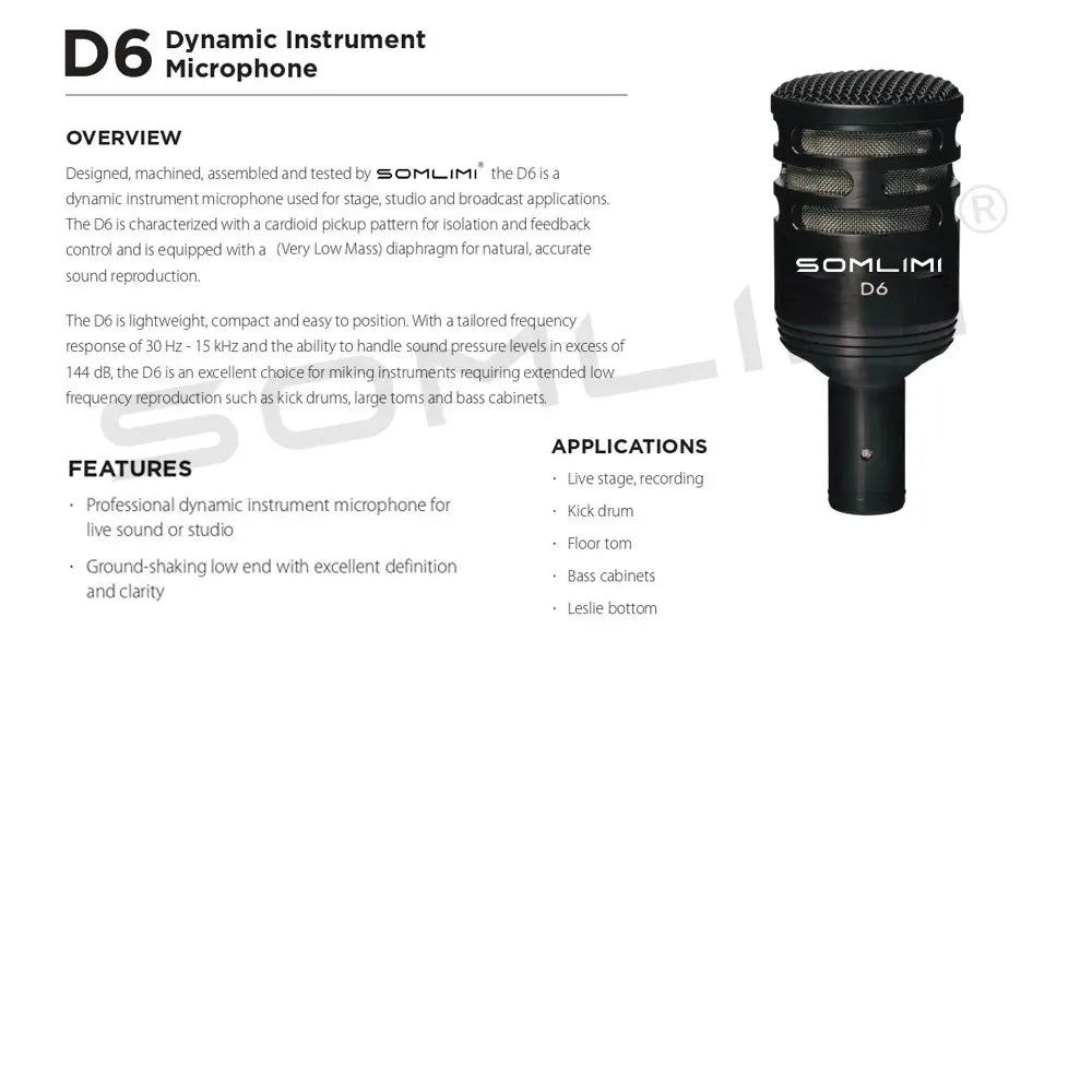 SOMLIMI D6 Drum Microphone Instrument Kick Drum Bass Microphone Dynamic Microphone Bass Snare Kick Mic Kick-out Big Bass