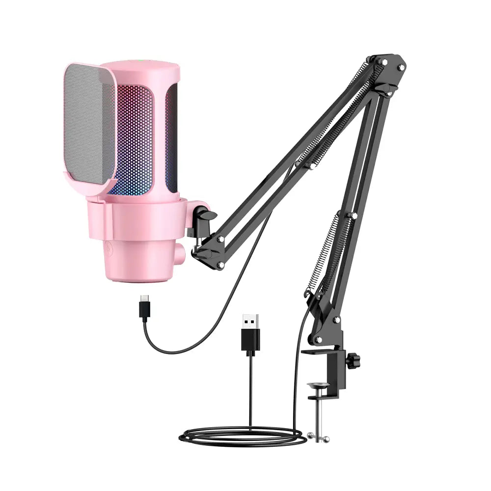 M8 USB Gaming Microphone Computer Mic Kit RGB Lighting Cardioid Mode Pick-up Quick Mute and Gain Knob with Boom Rack for Gaming