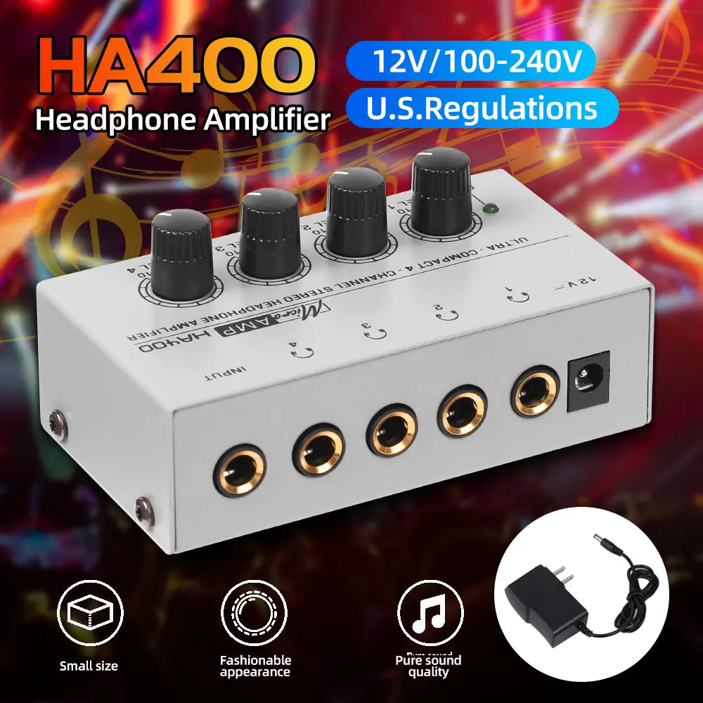 Headphone Amplifier Ultra-Compact Stereo Earphone Amplifier Audio Amplifier 4 Channels for Music 6.35MM Jack with Volume Control