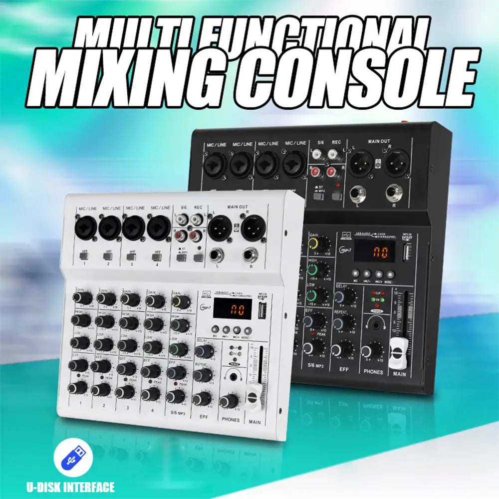 Professional 6 channel Audio mixer DJ karaoke Mixing Console With USB Interface Sound Card BT 48V for Karaoke Party PC Recording