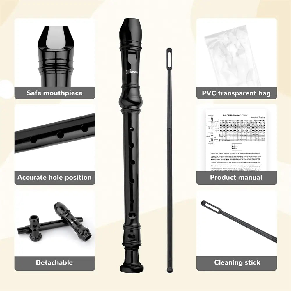 SWAN 8-hole treble Recorder A classroom instrument for beginners with cleaning rod A favorite gift（German fingering）