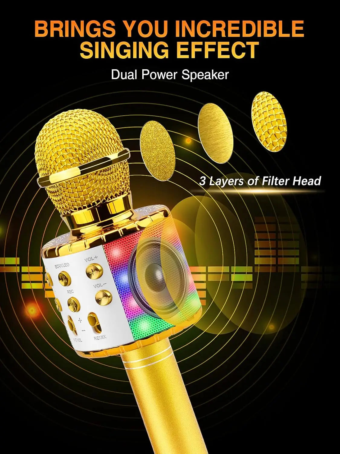 Karaoke Microphone for Kids & Adults - Bluetooth Microphones Singing Mic with Disco Lights Echo Effect Built-in Speaker