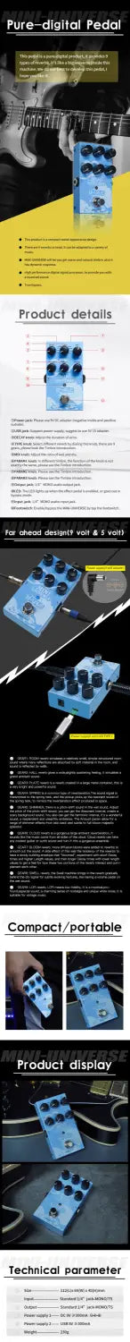 M-VAVE Mini Universe Digital 9 Reverb Effects Reverb Guitar Pedal Room/Shimmer/Lofi/Spring Reveb Effect Pedal Guitar Accessorie