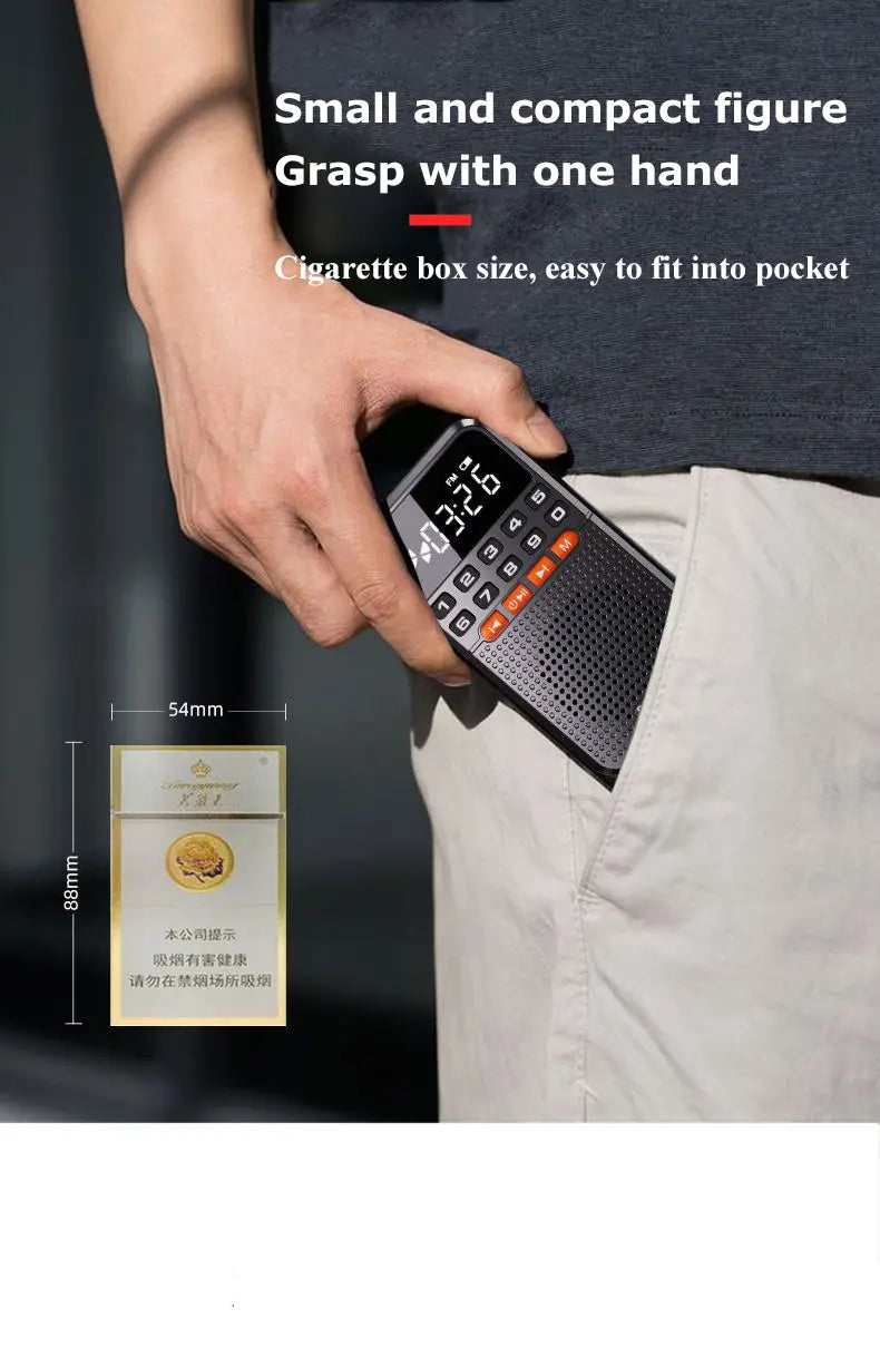 Portable FM Mini Radio Dual Antenna Pocket Radio Receiver Bluetooth 5.0 Speaker TF Card Music Player with LED Flashlight