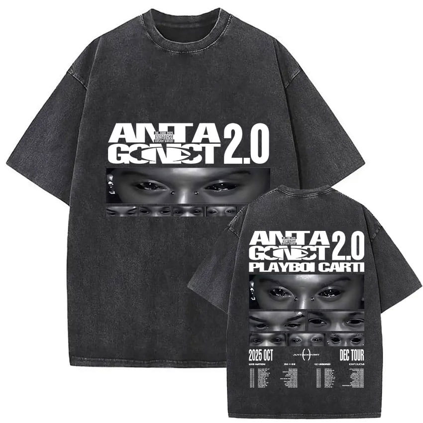 Rapper PLAYBOI CARTI ANTAGONIST Tour 2025 Merch T-Shirt Men’s Gothic Hip Hop Short Sleeve T Shirt Vintage Washed Tees Streetwear