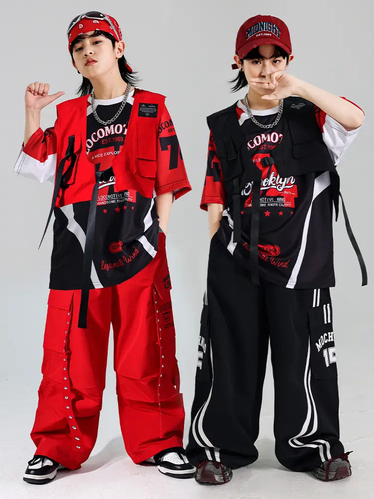 Hip Hop Boys Contrast T-shirt Red Vest Cargo Pants Girls K-pop Street Dance Clothes Sets Kids Jazz Costumes Children Streetwear