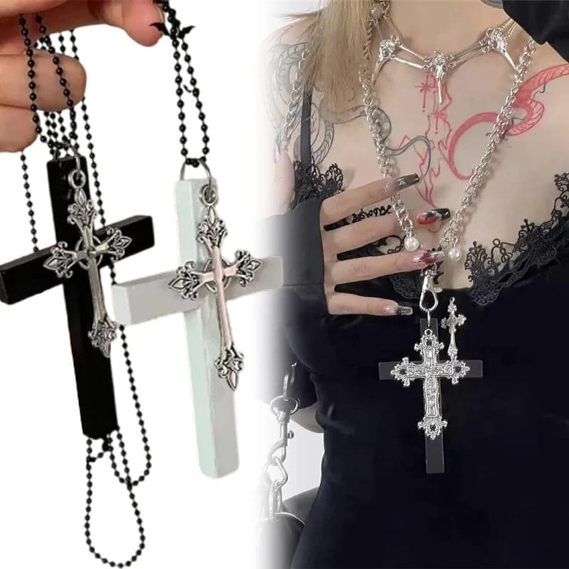 Personality Punk Y2K Cross Wood Black Drill Cool Pendant Necklace for Women Vintage Spicy Girls Hip Hop Necklace Jewelry Gifts