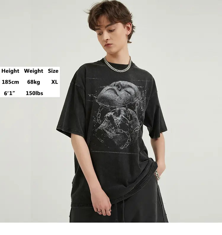 Hip Hop Streetwear Retro Washed Black T-Shirt Men Cracked Face Skull Graphic T Shirt Cotton Tshirt Harajuku Tops Tee Unisex