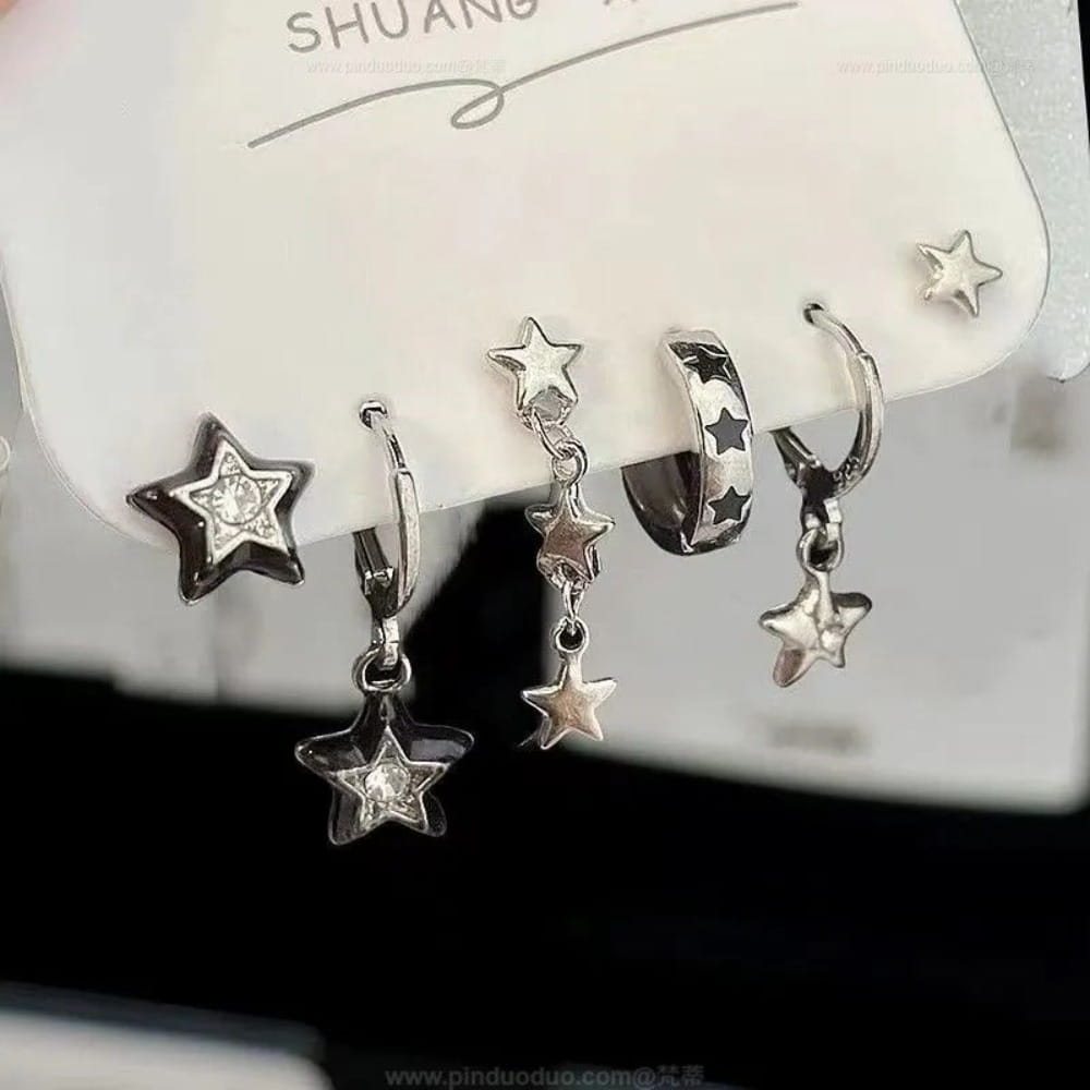 6pcs Set Personality Trend Dark Butterfly Heart Star Cross Tassels Zircon Stud Earrings for Women Hip-hop Rock Y2K Jewelry Gift