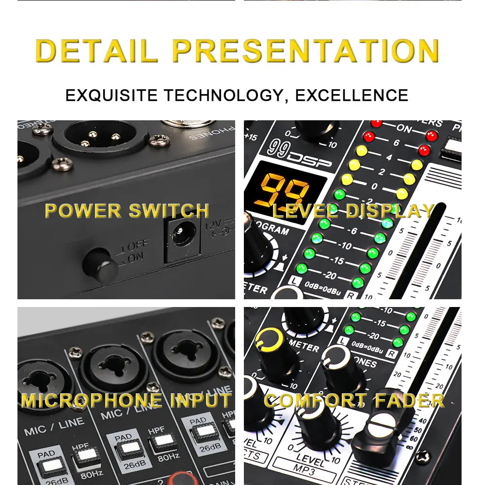 TKLBLS Professional 6-Channel 99DSP Audio Mixer 48V Phantom Power USB Studio Karaoke Bluetooth DJ Console Mixer