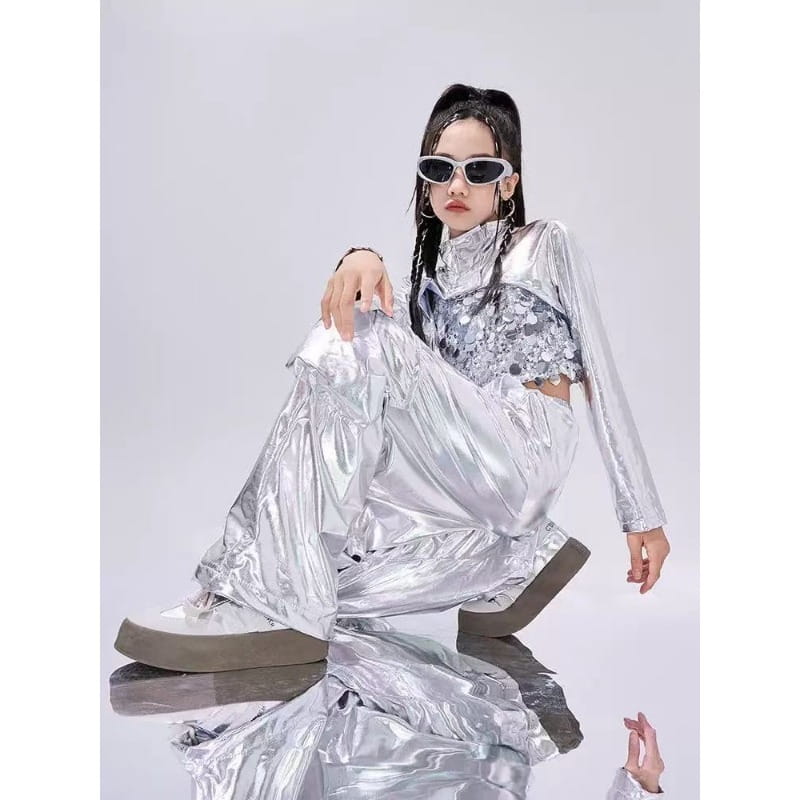 Hip-Hop Dance Clothes Reflective Rave Outfit Girl Sets Jazz Dancewear Festival Crop Tops Cargo Pants Catwalk Show Costume