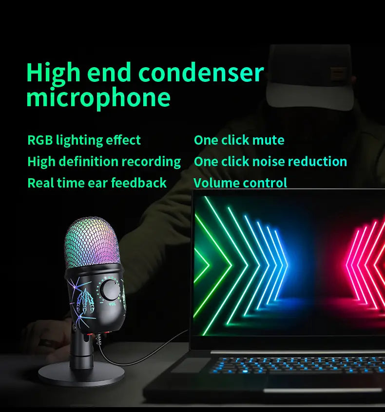 Gaming Microphone USB Microphone for PC Condenser Podcast Mic for Studio Recording with Headphone Jack Led Noise Cancellation