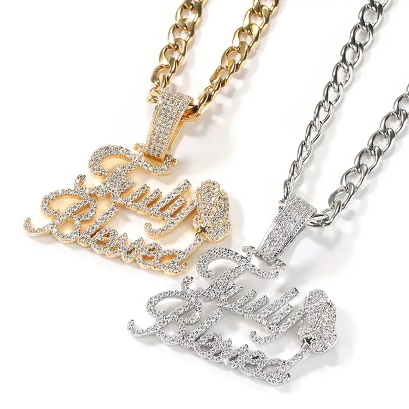 Hip Hop 5A+ CZ Stone Paved Bling Ice Out Praying Hand Letters Pendants Necklaces for Men Rapper Jewelry Gold Silver Color
