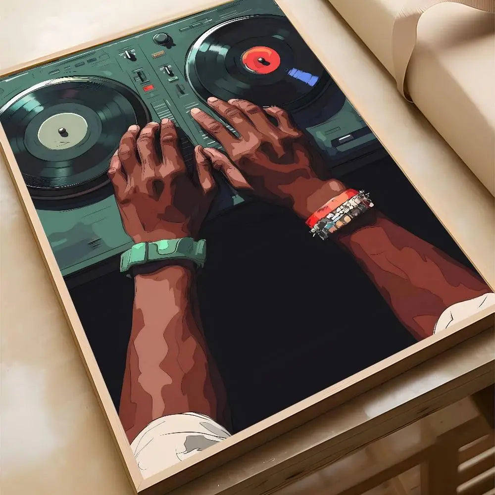 Hip Hop Fashion Black DJ Hand Turned Vinyl Record Music Art Poster Bar Restaurant Home Room Wall Decoration Paintings