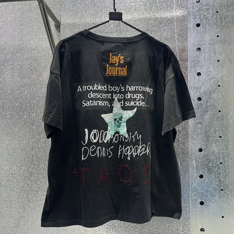 Hip Hop Letters Graffiti Vintage Washed Black Damaged Hole Paly T-Shirt Men Women Box Graphics Rhinestone T Shirt Cotton Tee