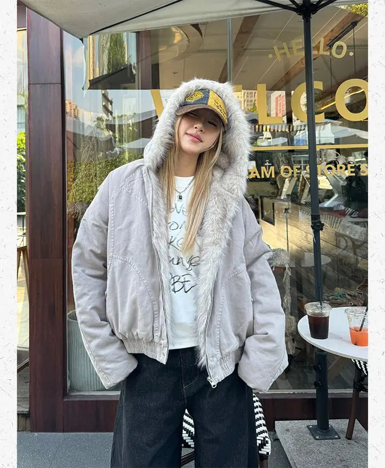 American Retro Fur Collar Hooded Jacket Women Y2K Streetwear Winter New Velvet Thickened Warm Harajuku Loose Casual Jacket