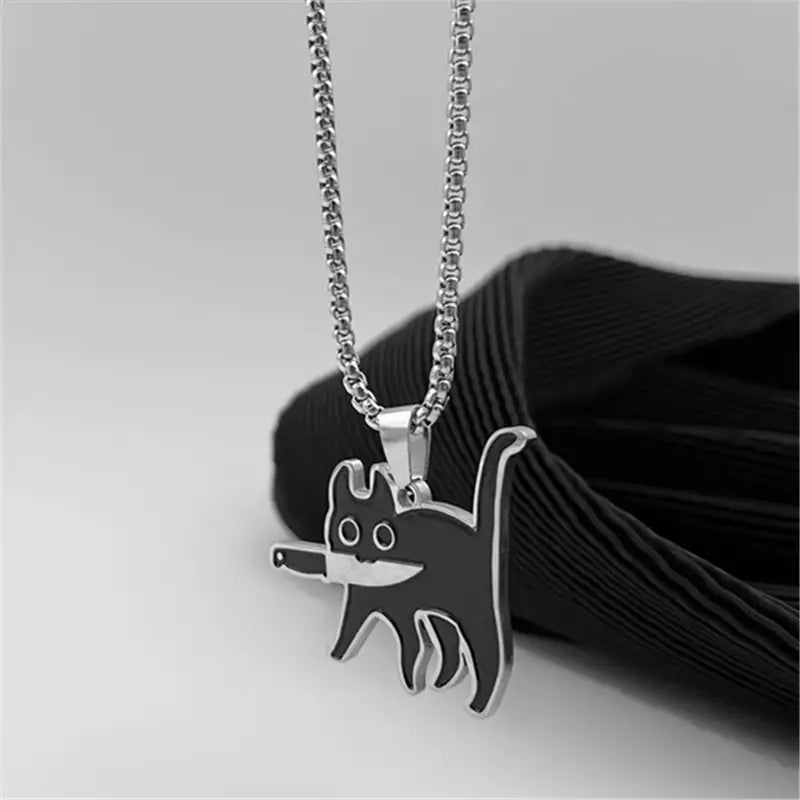 Hip Hop Fashion Knife Cat Long Pendant Necklaces for Women Men Funny Black Cat Sweater Chain Jewelry New Party Accessories Gift