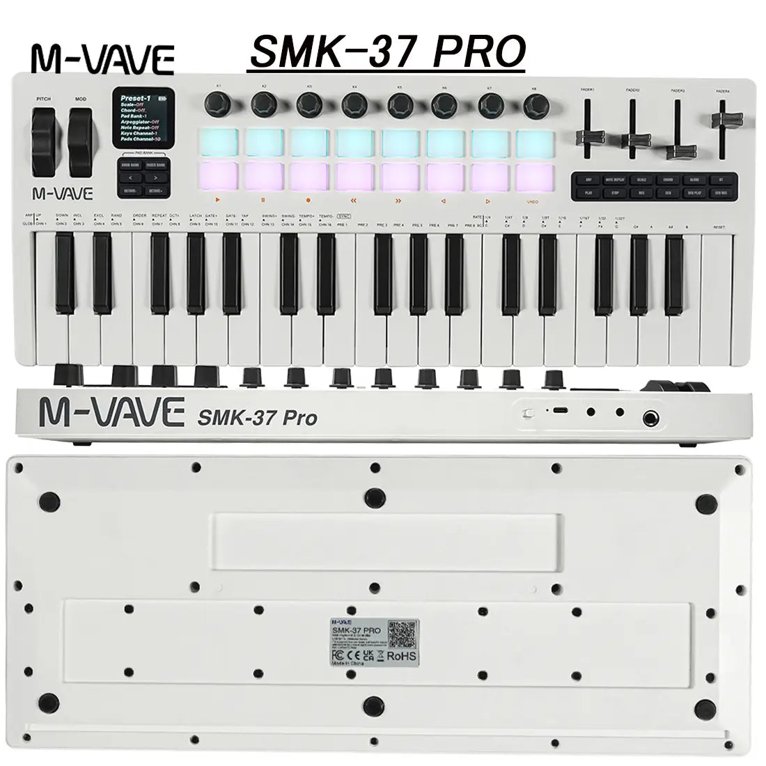 M-VAVE SMK-37 Keyboard 37 Keys MIDI Controller with 16 RGB Pads&8 Knobs 3.5mm Supports Wireless Connection to Multiple System