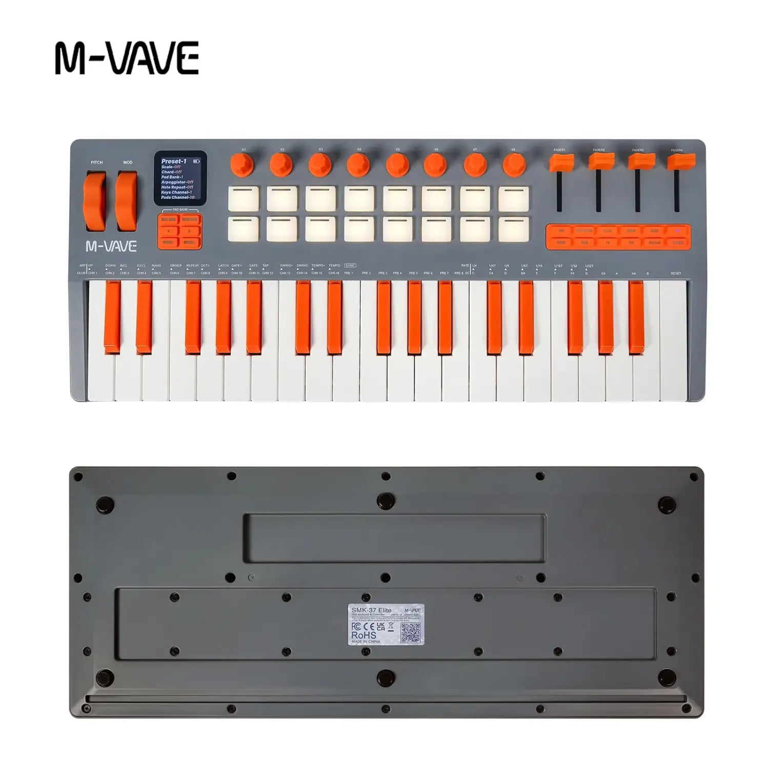 M-VAVE SMK-37 Elite Wireless MIDI Keyboard MIDI Controller- 16 Pad 8 Encoders Battery Powered DAW & iOS Compatible