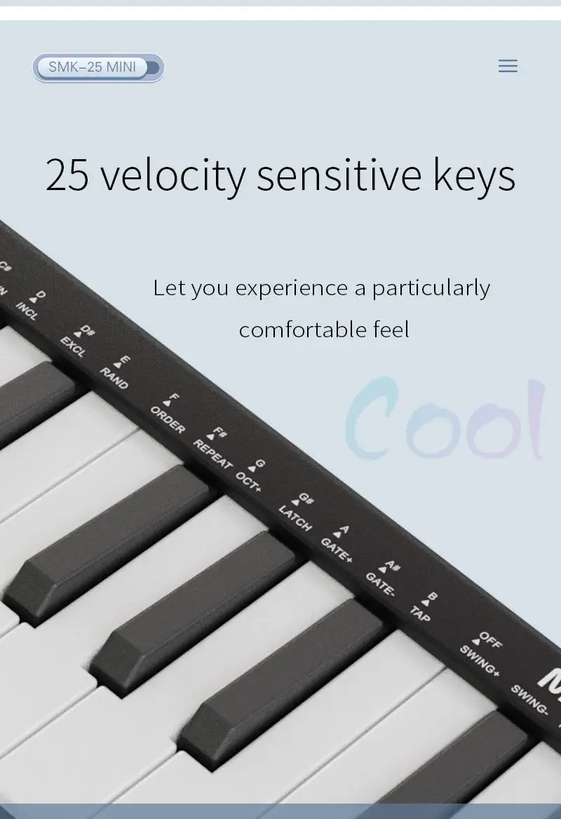 M-VAVE SMK-25mini MIDI Keyboard 25-Key MIDI Control Keyboard instrument Rechargeable Mini Portable USB Keyboard MIDI Controller