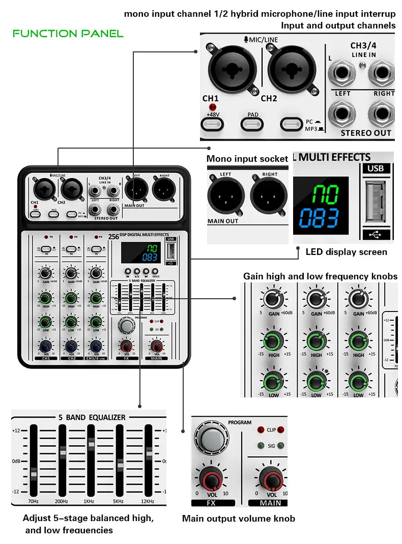 Professional 4-Channel 256DSP Audio Mixer 48V Phantom Power USB Studio Karaoke Bluetooth DJ Console Mixer