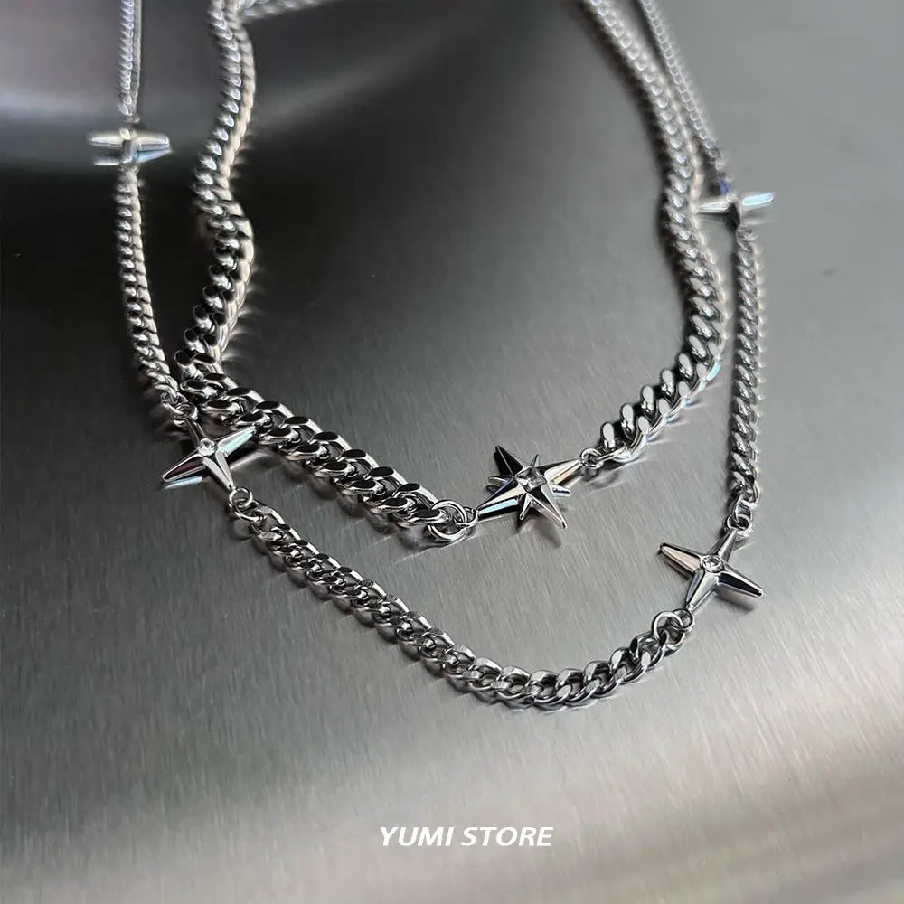 Hip Hop Double-layer Star Cross Necklace For Man Woman Titanium Steel Clavicle Chain Choker Punk Male Accessories Wholesale