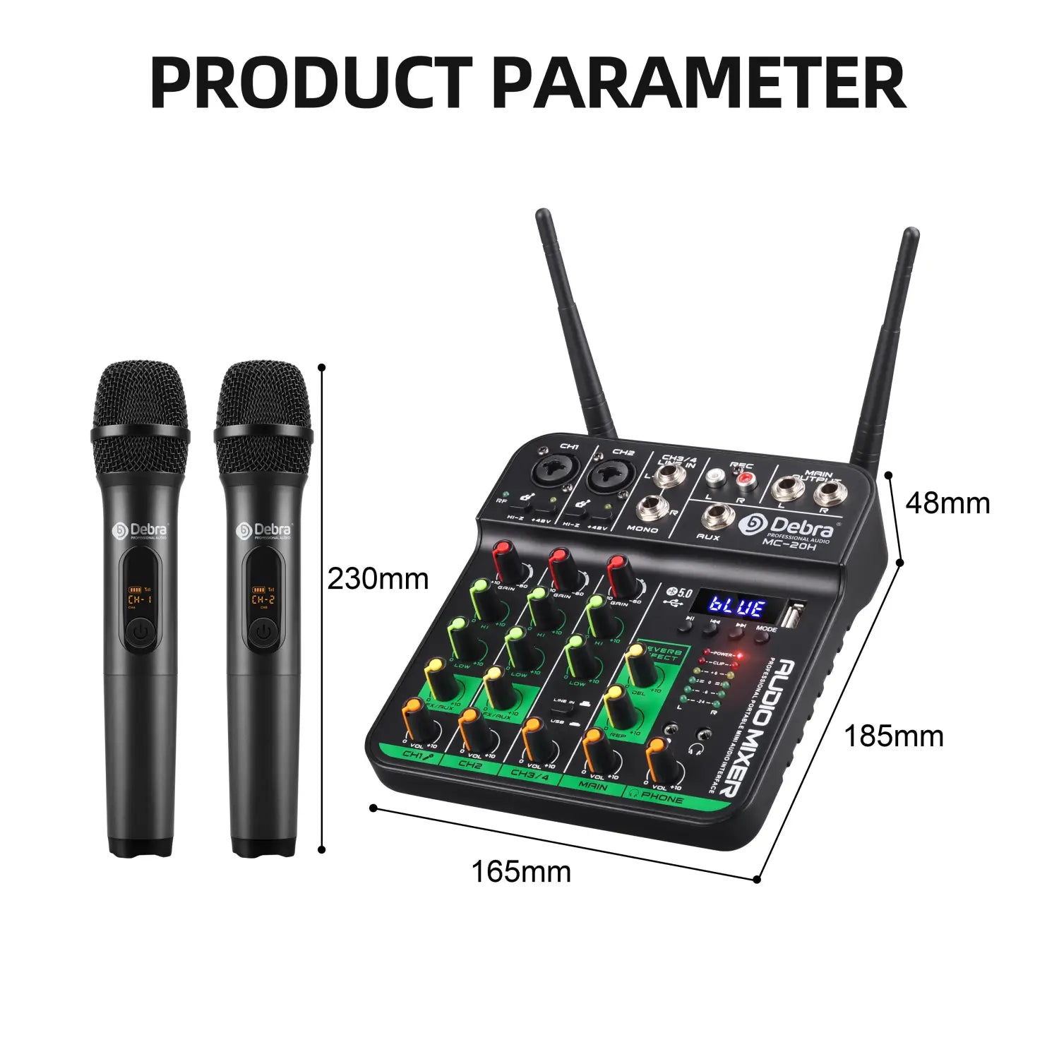 Debra 4 Channels Audio Mixer UHF Wireless Microphone Audio Interface Mixing Console Bluetooth Record PC Delay Repaeat Effect