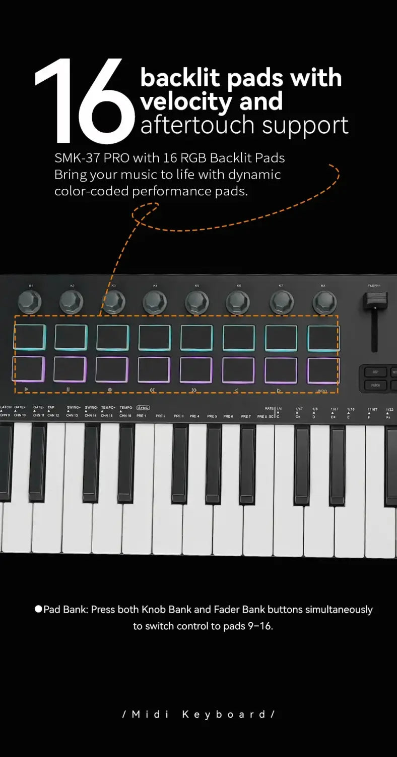 M-VAVE SMK-37 PRO 37-Key MIDI Controller Pedal 16 RGB Pads 8 Knobs Built-in Synthesizer Portable Keyboard Digital 37 300