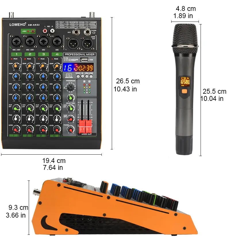 Professional 4 Channel Audio Mixer with UHF Wireless Microphone USB Bluetooth Karaoke System Sound Mixing Console LOMEHO AM-AKS2