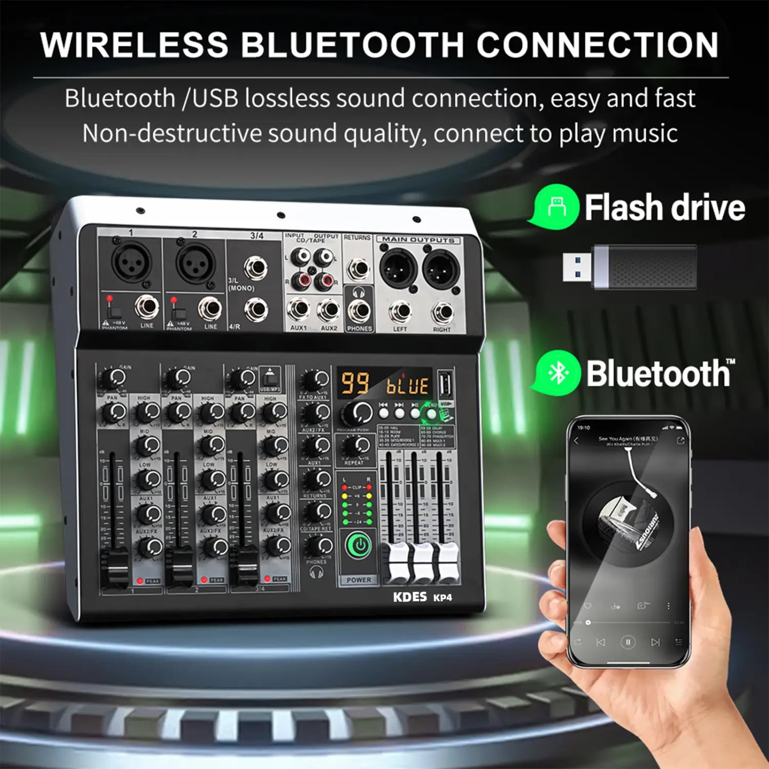 KDES KP4 Audio Mixer 4 Channel 99 DSP Effect Record PC 48V Phantom Power USB Sound Mixers Bluetooth DJ Console Mixing for Karaok