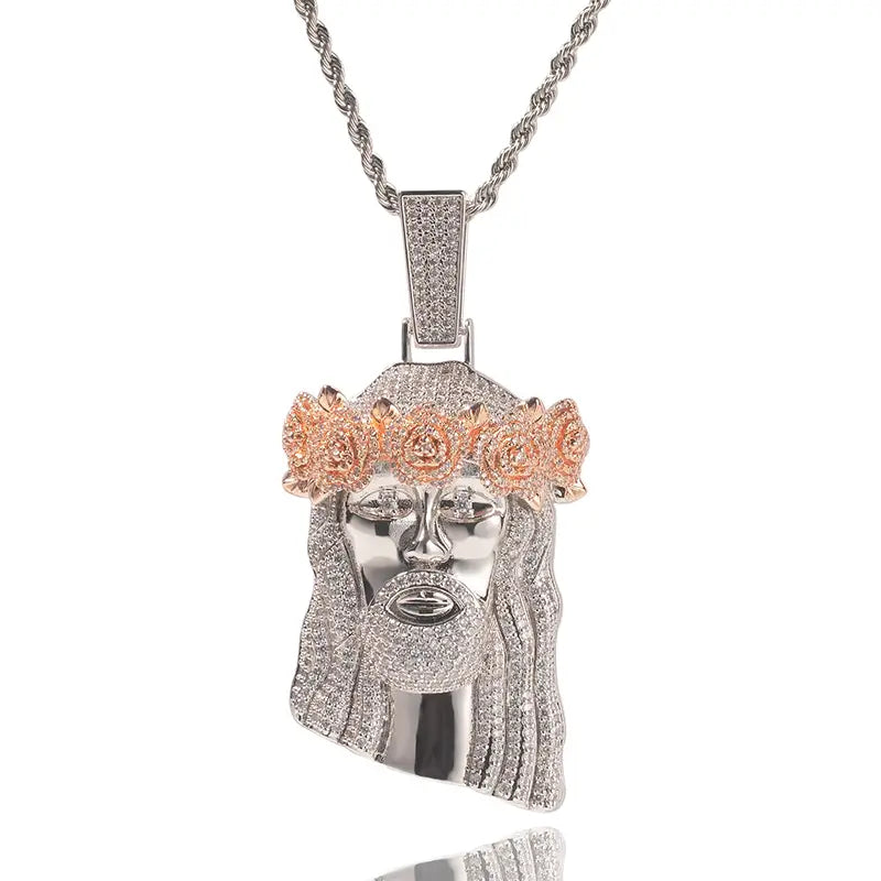 Hip Hop Micro Paved AAA+ Cubic Zirconia Bling Iced Out Flower Hat JESUS PIECE Pendants Necklaces for Men Rapper Jewelry