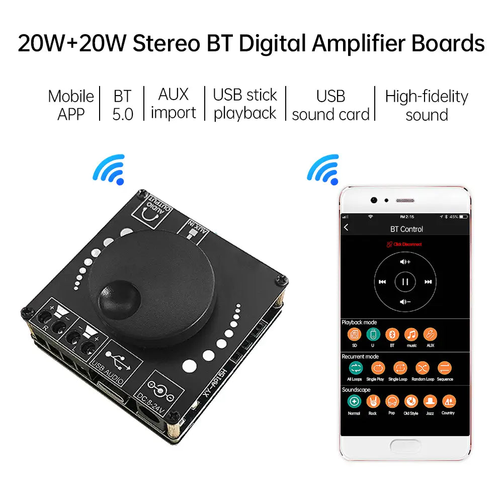 HIFI 20W*2 AP50L AP15H Stereo Bluetooth-compatible Digital Amplifier Boar Input 12V/24V Home Theater XY-AP15H