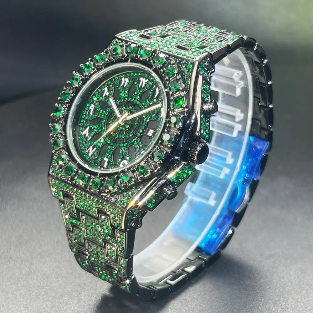 MISSFOX Hip Hop Wristwatch For Men Luxury lce Out Full Diamond Watches Fashion Green Watch Wterproof Week Display Clock 2025