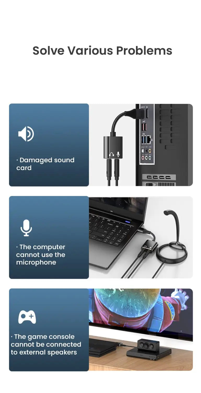 USB Sound Card Adapter with 3.5mm Headphone and Microphone Jack Braided Cable External USB Audio Adapter for Windows Mac Laptop