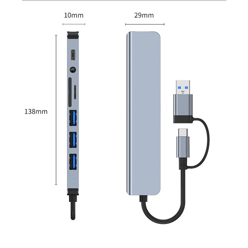8 in 2 USB +Type C HUB Docking Station with 3.5mm Audio Jack Adapter Micro SD Card Reader Laptop Tablet Phone Disk Converter