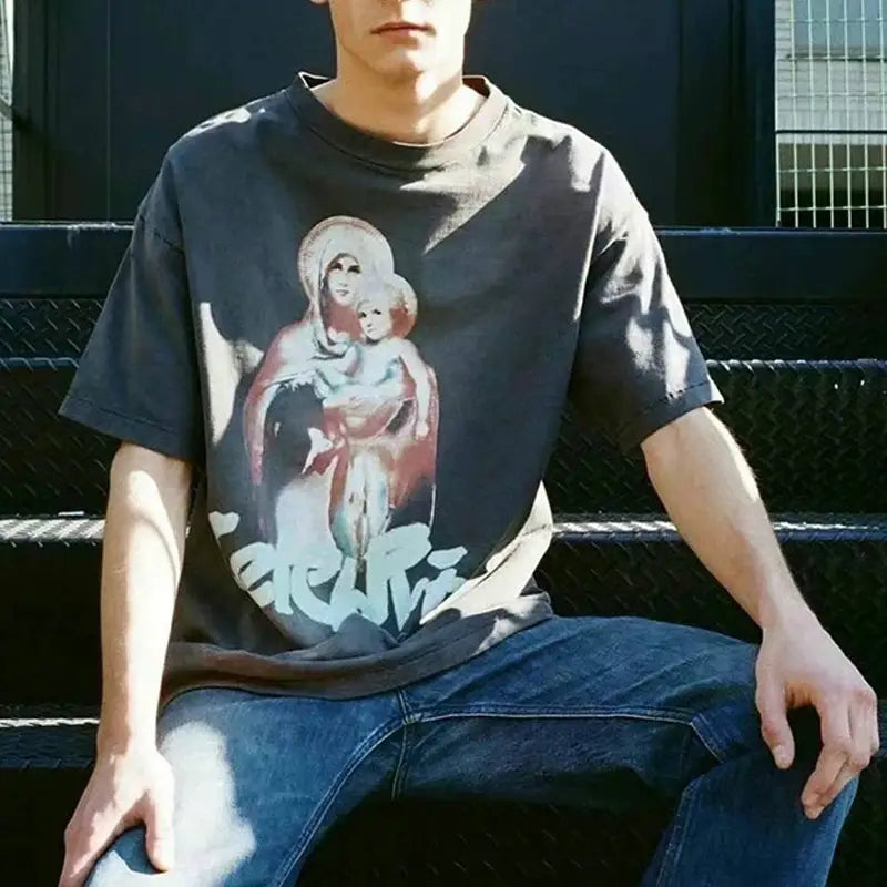 Hip Hop Retro Racing Style Graffiti Color Blocking Saint Micheal T-Shirt Men Women High Quality Oversized T Shirt Tee Tops