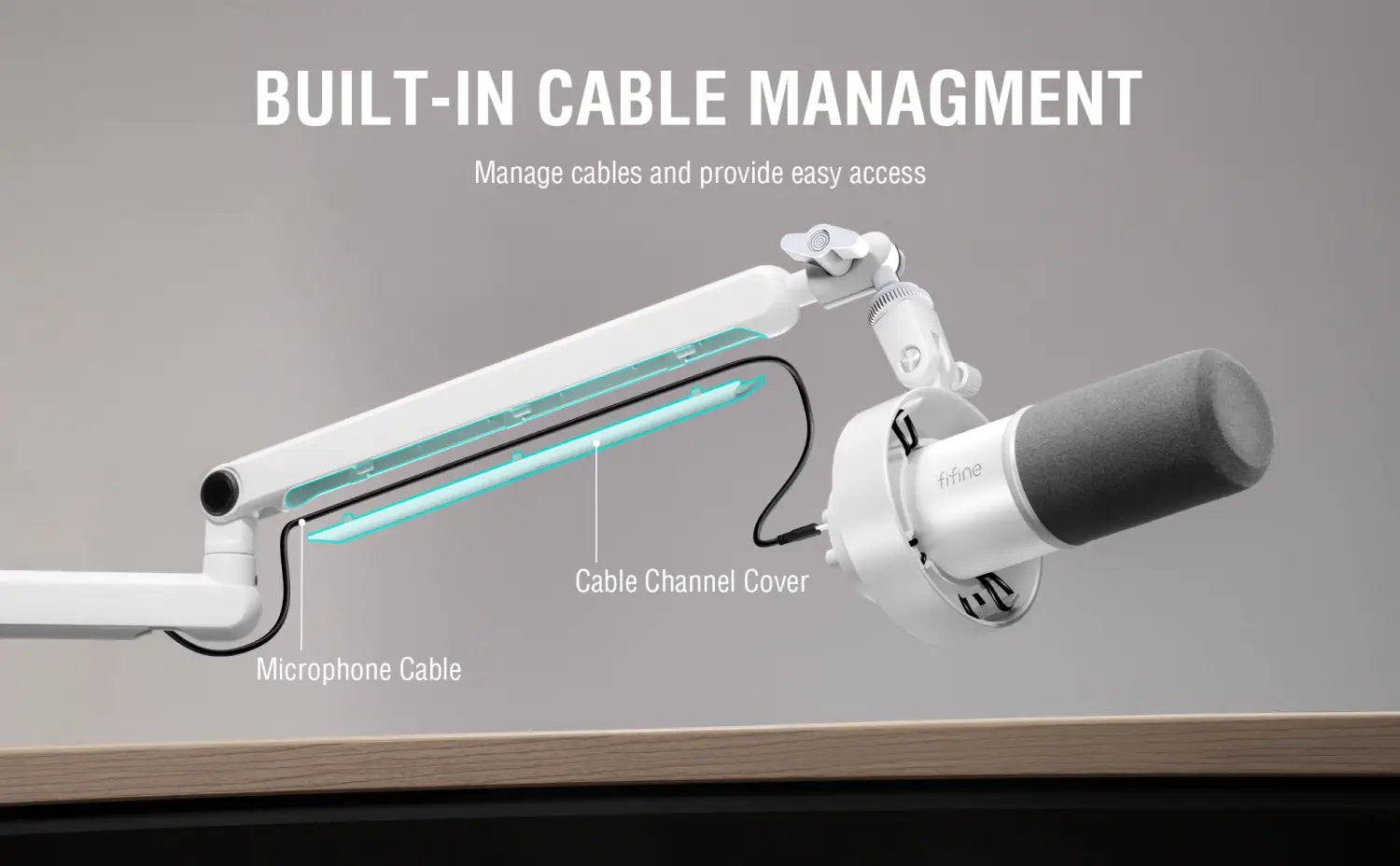 FIFINE Microphone Boom Arm Adjustable Low Profile Mic Arm with Desk Mount Clamp,Cable Storage for Streaming Gaming-White BM88W
