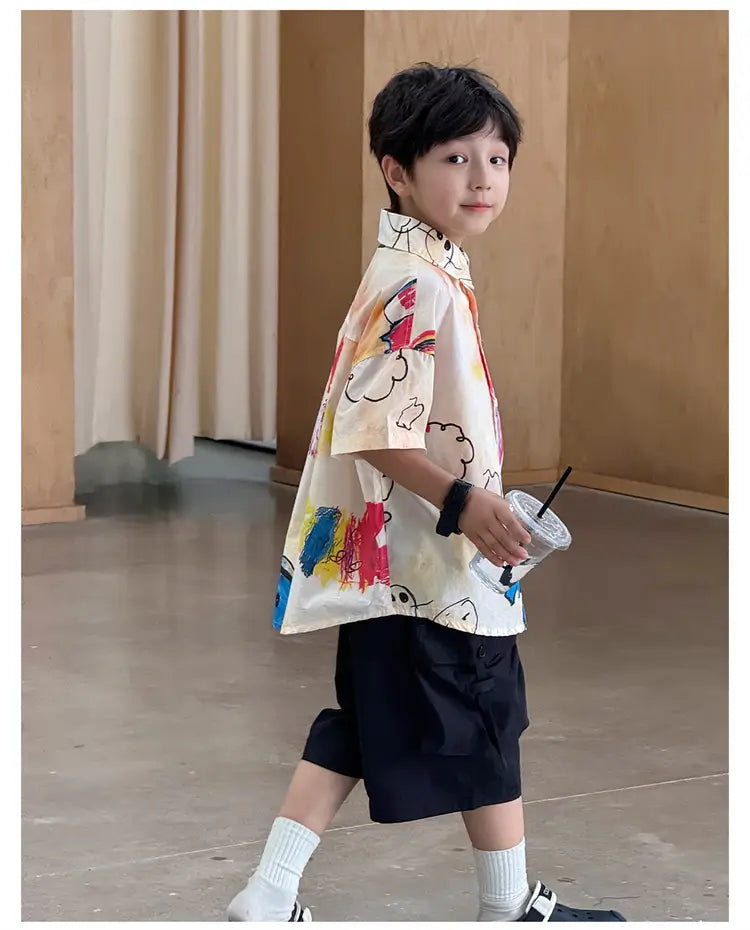 Hiphop Fashion Style Kids Boy Hip Hop Shirt with Drawings Baby Child Hiphop Rapper Dance Clothes Y2K Streetwear Clothes Tops