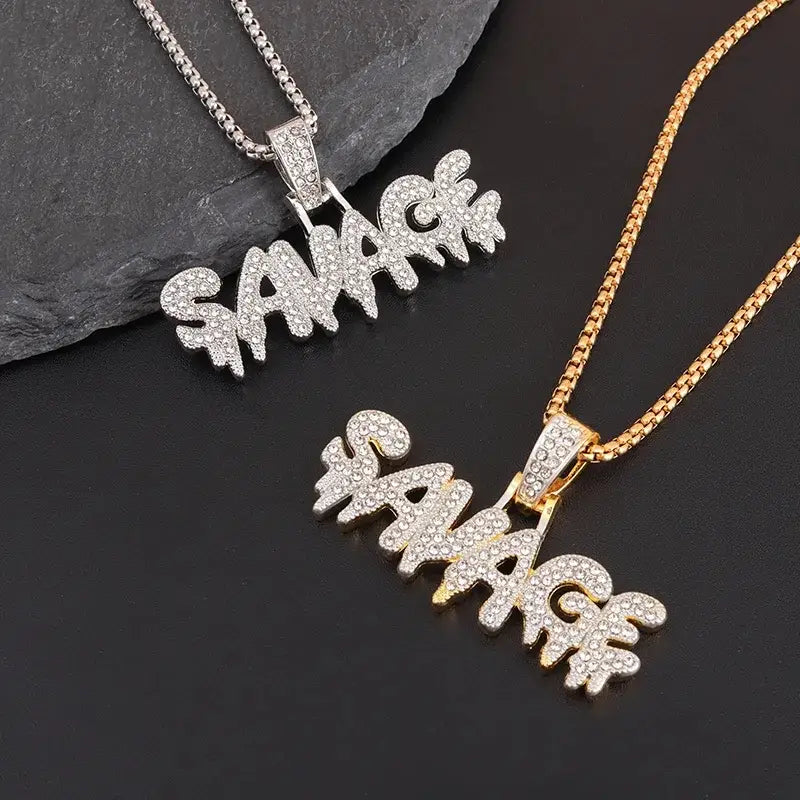 Bling Iced Out Savage Pendant Cubic Zirconia Letter Necklace for Men Women Hip Hop Rock Rap Party Jewelry