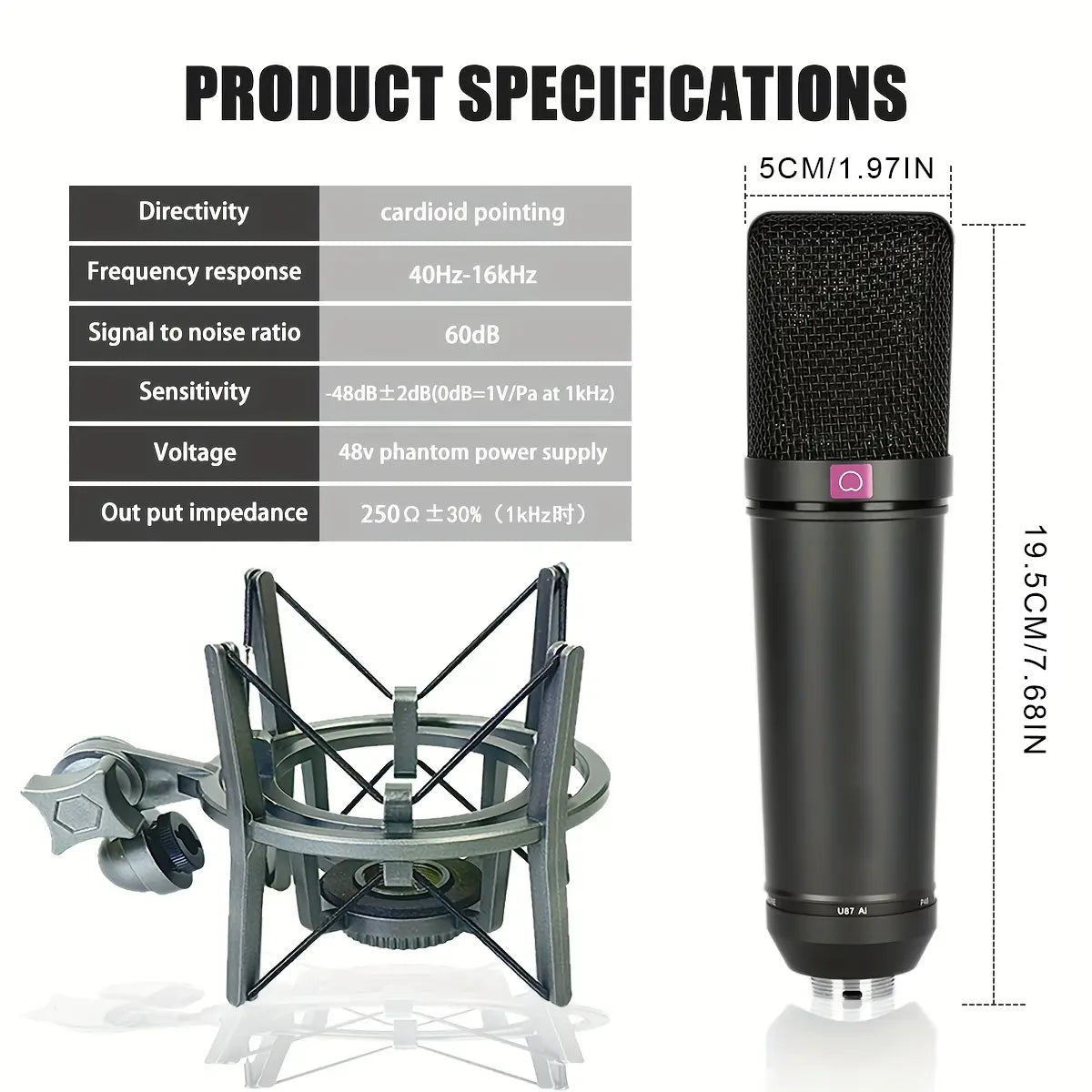 LN-87 Metal Design High Quality Sound Condenser Microphone Studio Professional Recording Mic with Shockproof Holder&XLR Cable