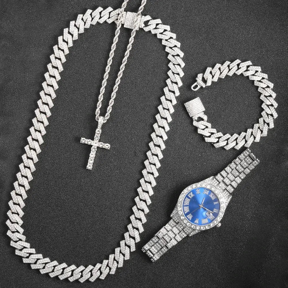 16mm Hip Hop Miami Cuban Link Chain Set Necklace +Bracelet Creative Iced Out Shiny Trendy Stylish Jewelry For Women Men set