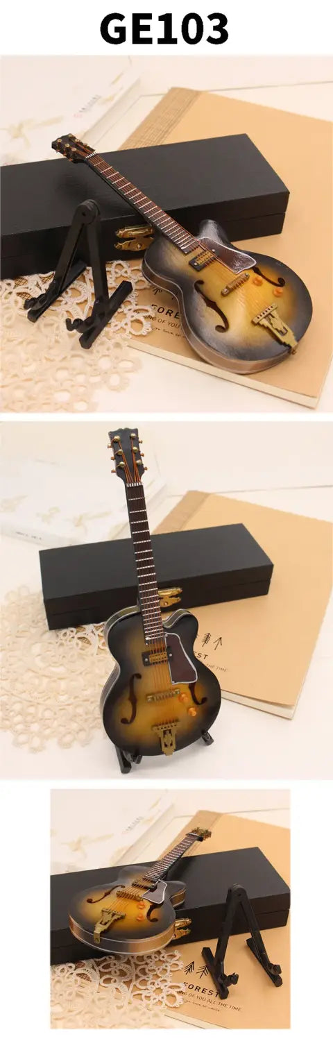 18cm 1/6 Wooden Musical Instruments Collection Decorative Ornaments Mini Electric Guitar With Support Miniature Model Decoration