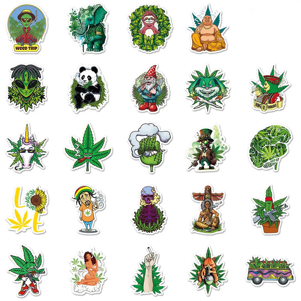 10/30/50/100PCS Funny Hemp Leaf Stickers Weed Smoking Cartoon Graffiti Waterproof Suitcase Luggage Guitar Skateboard Decals Toy