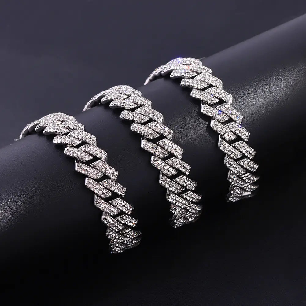Hip Hop 14MM Prong Cuban Link Chain Necklace & Bracelet Iced Out Bling Cuban Chain Rhinestone Chains For Men Punk Rapper Jewelry